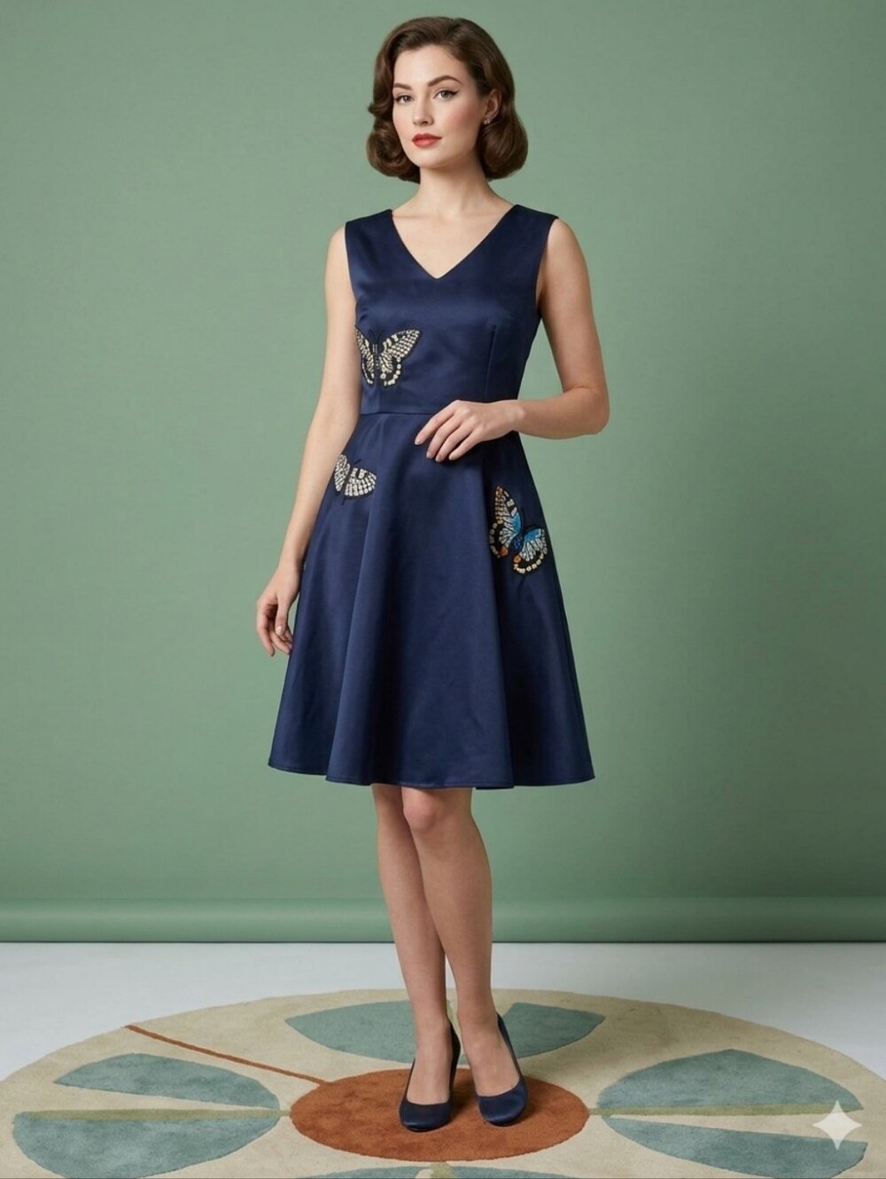 Vicky and Lucas Butterfly Embroidered Satin Fit & Flare Dress, VGUC, Size M